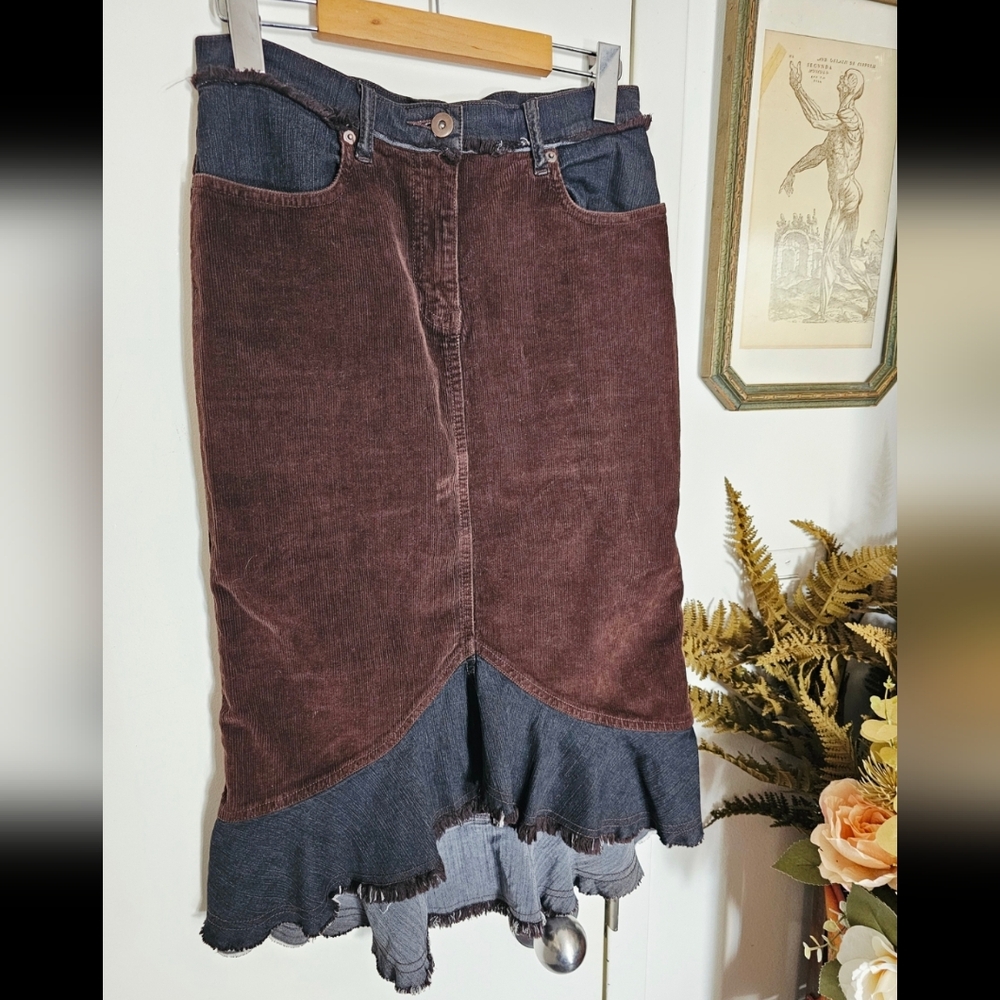 BEDO Y2K Patchwork Black Brown Corduroy Denim Skirt Goth Boho